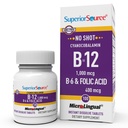 Superior Source No Shot Witamina B- 12 Cyanokobalamina 1000 mcg, B- 6, Kwas foliowy 400 mcg - Wsparcie dla zdrowia mózgu i serca - Pomoc Naturalne poziomy energii - 100 Podjęzykowe tabletki rozpuszczające