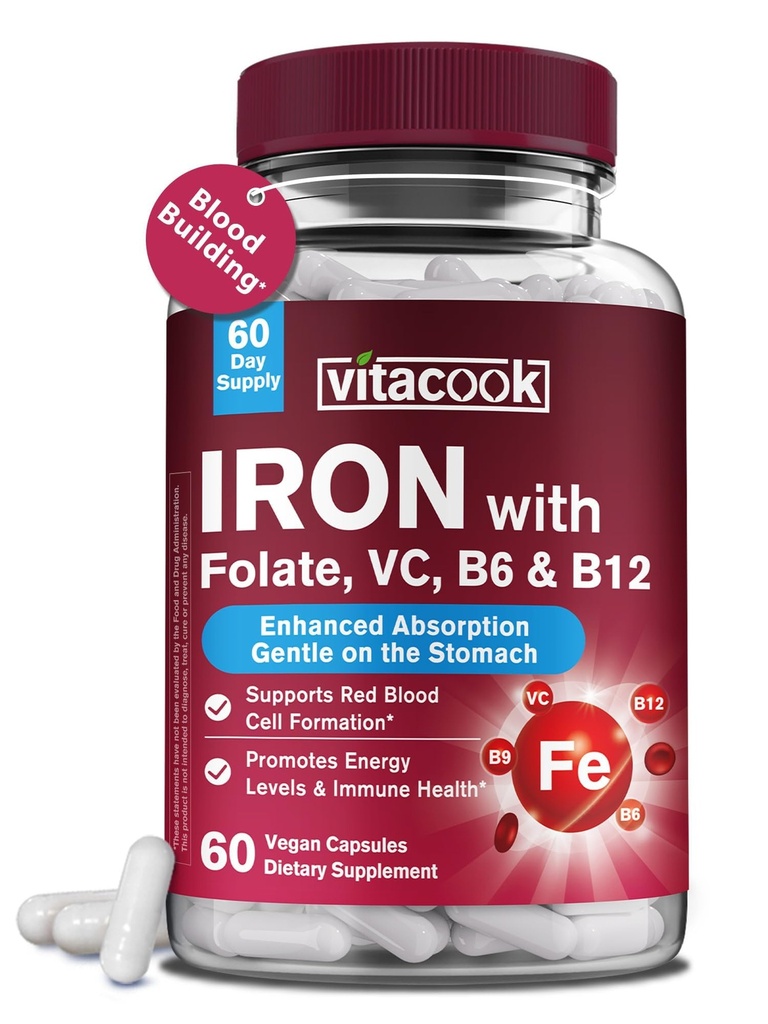 Suplement żelaza dla kobiet i mężczyzn, Bisglicynian żelaza z witaminą C, B6, B12, Folate, Przyjazne do jamy ustnej, non-Constipting, Zdrowie krwi i energii Boost, 60 Vegan Czapki