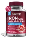 Suplement żelaza dla kobiet i mężczyzn, Bisglicynian żelaza z witaminą C, B6, B12, Folate, Przyjazne do jamy ustnej, non-Constipting, Zdrowie krwi i energii Boost, 60 Vegan Czapki