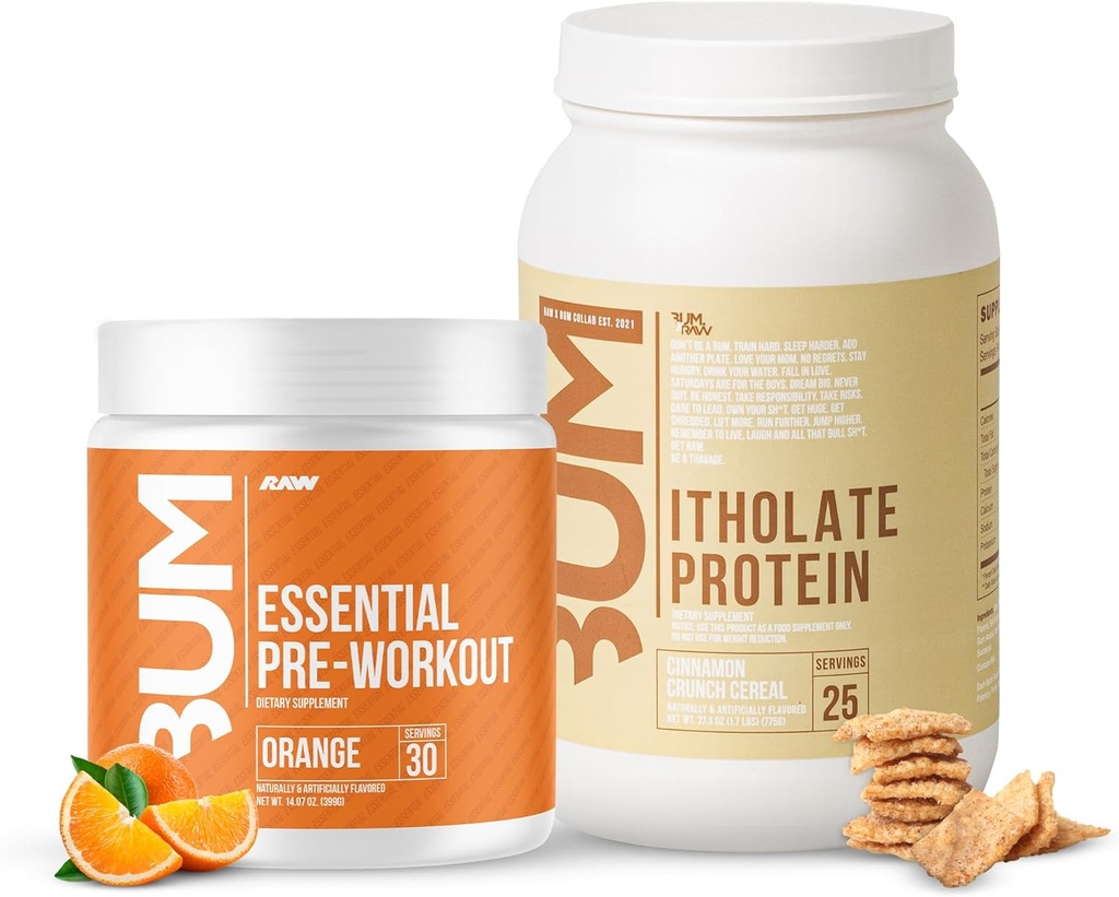 RAW Serwatka Izolacja proszku proteinowego & Esential Pre- Workout Puder Bundle (Cynamon Crunch & Orange) - Chris Bumstead Sports Nutrition Supplement for Men & Women