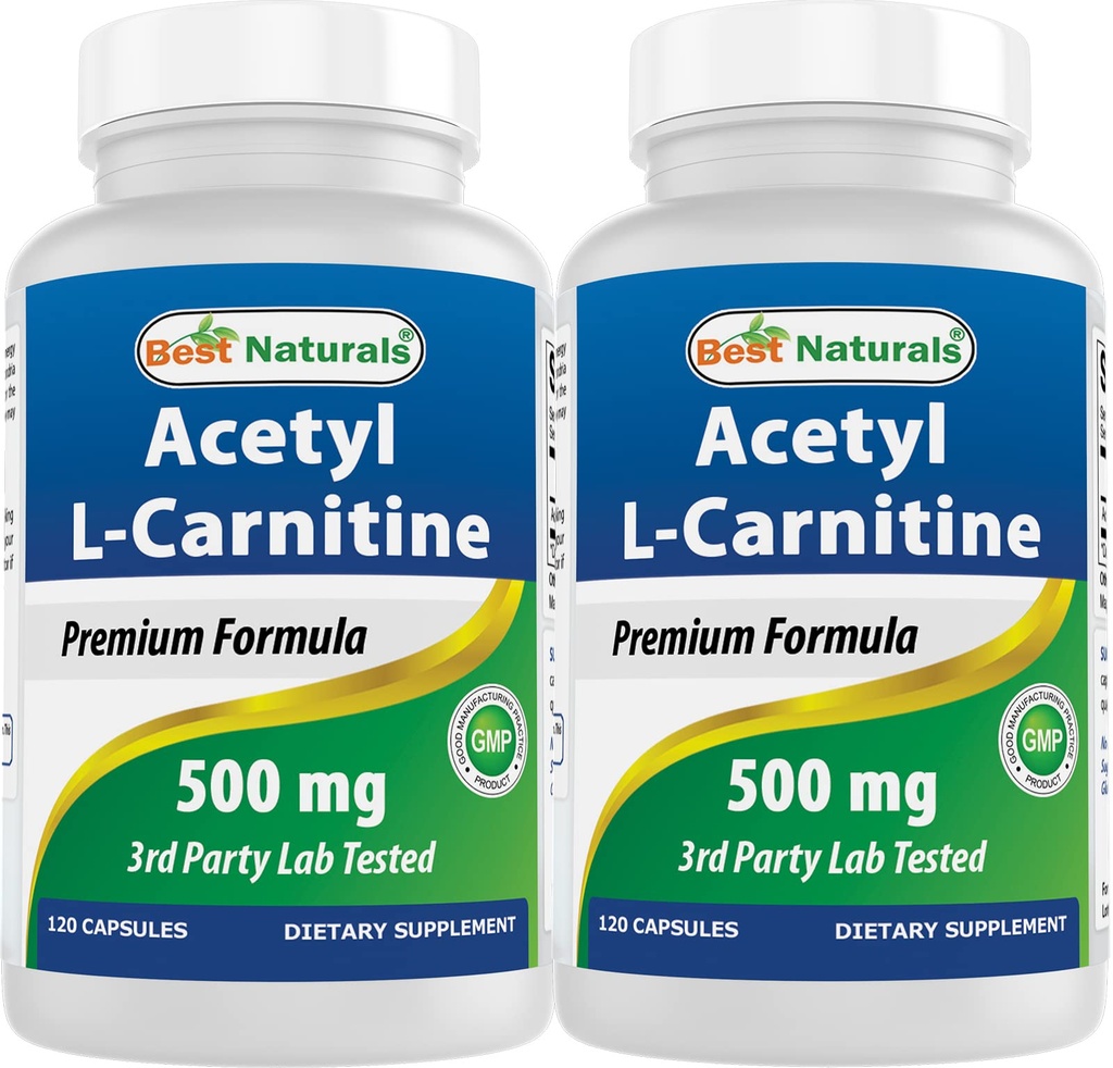 Best Naturals Acetyl L- Carnitine (ALCAR) 500mg, 120 Kapsułek, 120 Służb - Non-GMO i Gluten Free, 1 Kapsułka na Serving (2 opakowania)