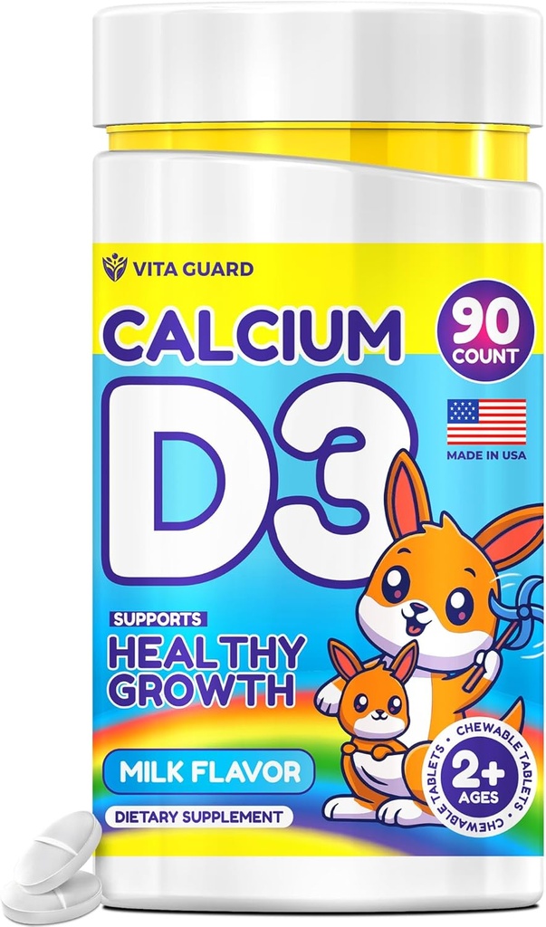 Wapń D3 Tabletki do rozgryzania i żucia dla dzieci - 640 mg Wapń i 320 IU Witamina D3 - Nie-GMO, Smak mleka - Suplement do kości i zębów - 90 Tabletki dla wieków 2 +