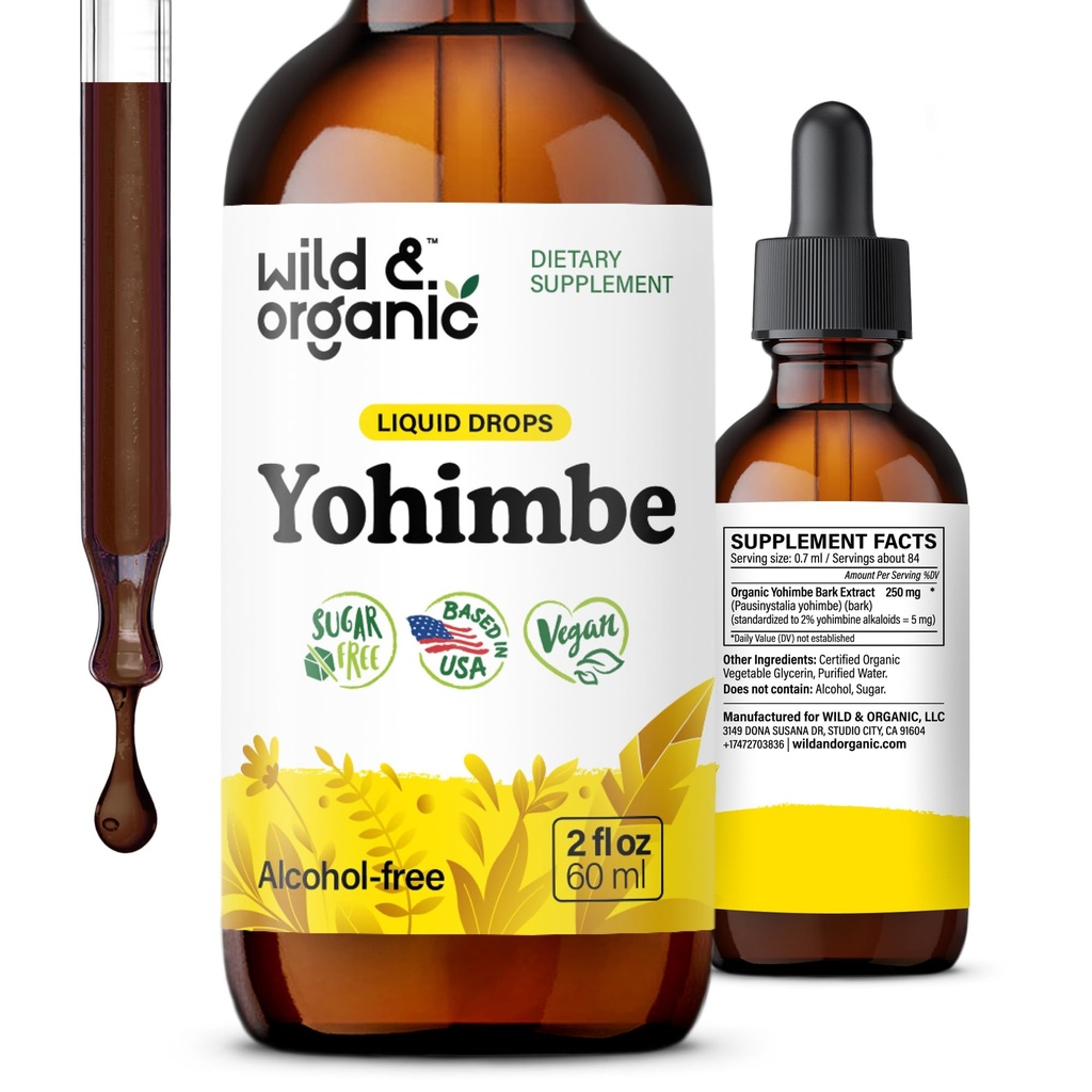 Wild & Organic Yohimbe Supplements for Men & Women - 5 mg Yohimbine Liquid Extract Drops - Pausinystalia Yohimbe Bark Tincture - Vegan, Alcohol- 2 fl oz