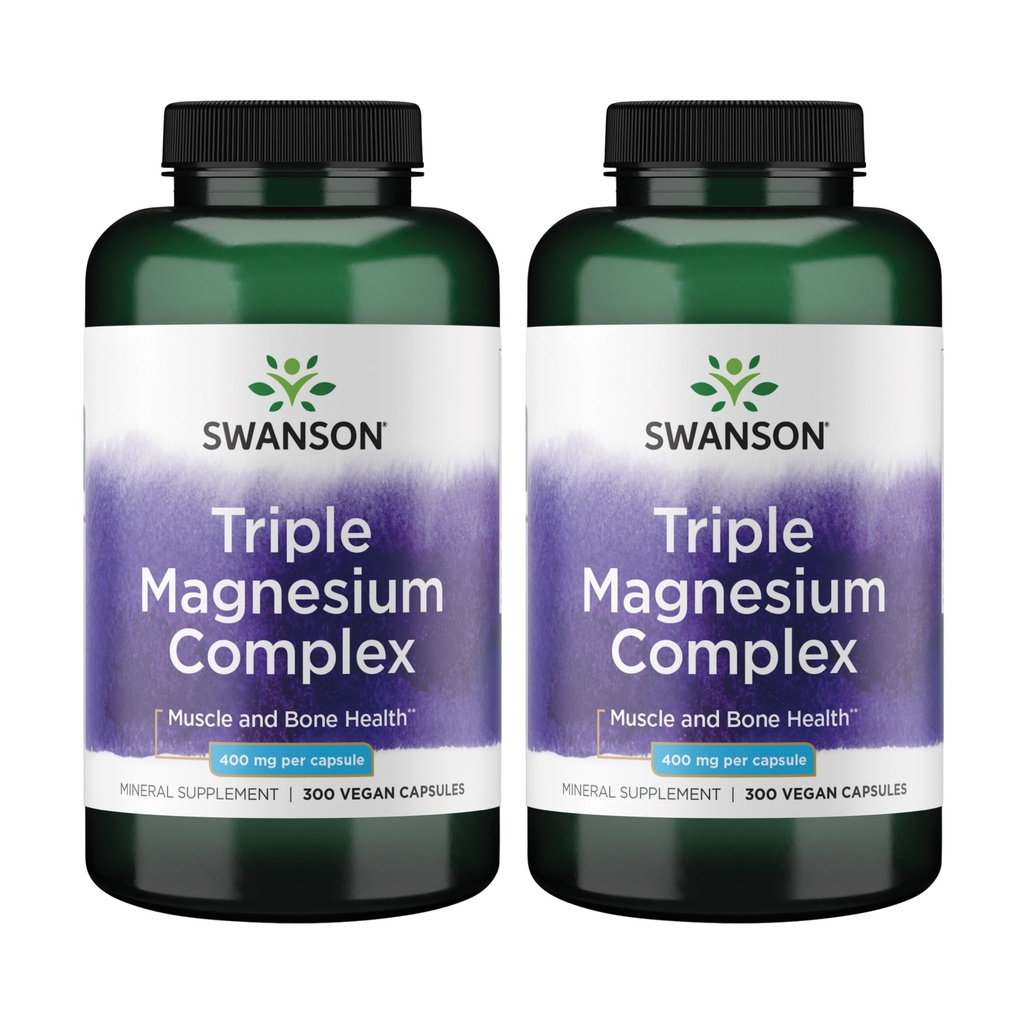Swanson Triple Magnezu Complex - Suplement mineralny - Natural Support - Wyposażony w cytrynian, tlenek i asparaginian - (300 kapsułek, 400mg każdy, 2 opakowania)