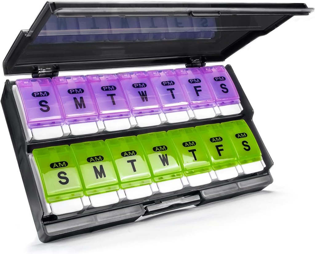 2 razy dziennie - przypomnienie Am / Pm Daily Pill Case Organizer Medicizer, Push Przycisk 7 Day Pill Box for Pills / Witamina / Cod Liver Oil / Suplementy (Purpurowy i zielony)