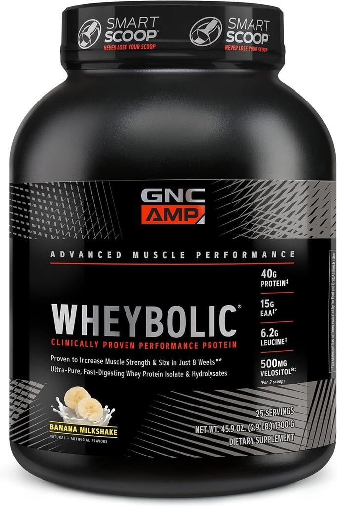 GNC AMP Wheybolic Clinically Proven Protein Powder, 40g białka serwatki, BCAA, Leucyna, Zwiększa siłę mięśni, Muscle Building, 3. Party Tested, Gluten Free, Banana Milkshake, 25 Służenie