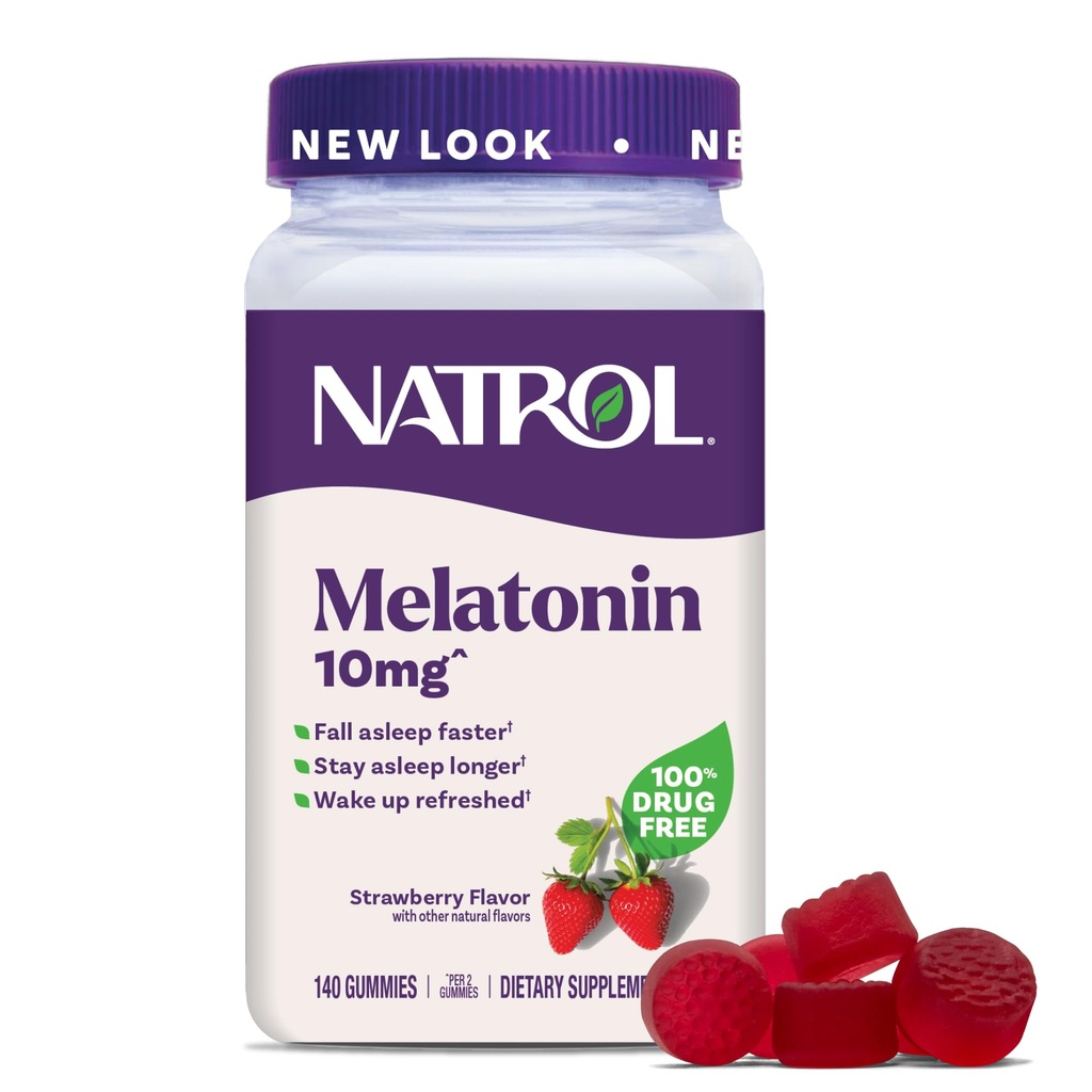 Natrol Melatonina Gumiaki, Wsparcie snu dla dorosłych, Melatonina 10 mg, 140 Strawberry- Smakowane, Do 70 Dni