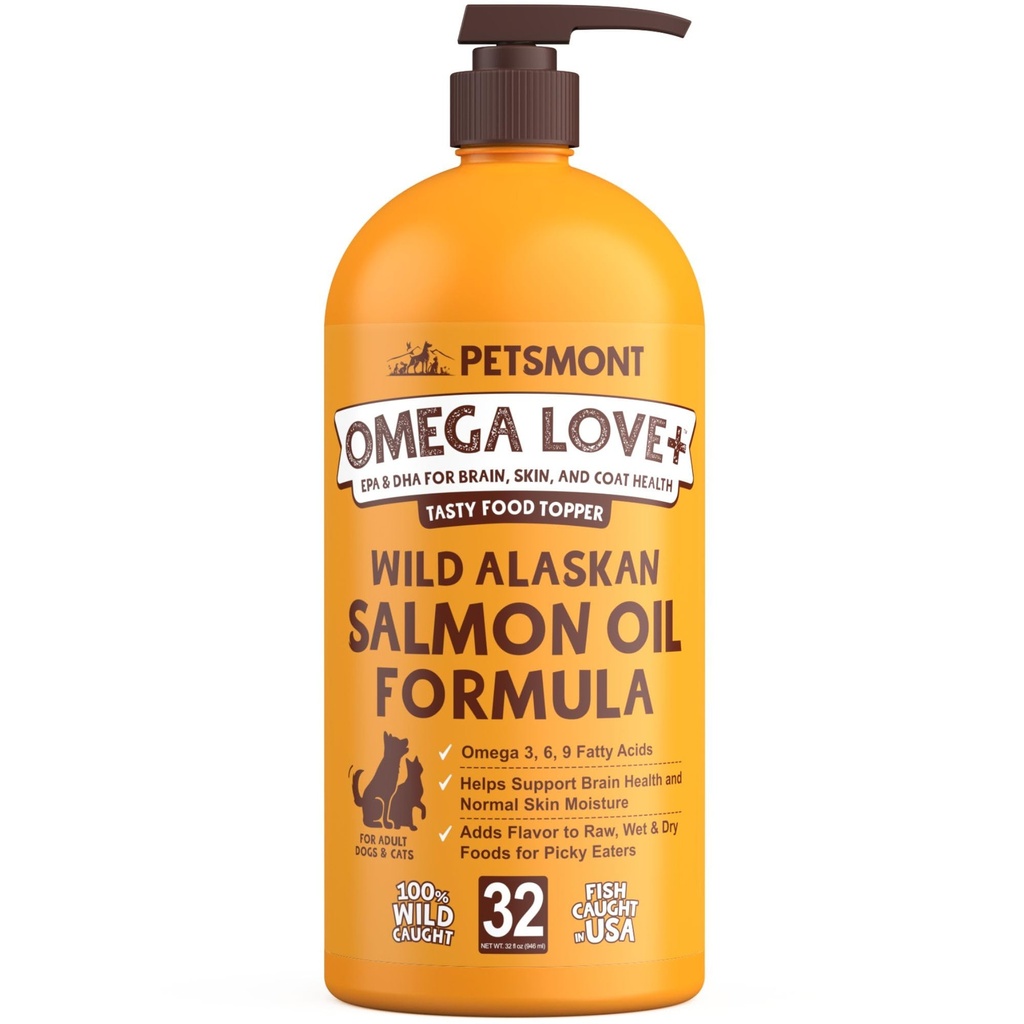 Petsmont Omega Love + Wild Alaskan Salmon Oil for Dogs Formula 32 oz - Fish Omega Liquid Pump Cats Wspiera wspólną funkcję Immune Heart Health Supplement Food Supplement Zwierzęta domowe Naturalne EPA DHA Kwasy tłuszczowe