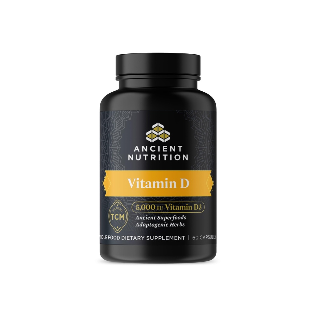 Ancient Nutrition witaminy D Suplement, 5,000 IU Witamina D do wsparcia immunologicznego, wykonane z Bone Broth i ekstrakt z grzybów, Wspiera zdrowe zapalenie, Paleo i Keto Przyjazny, 60 Kapsułki