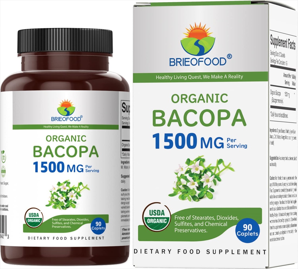 Brieofood Organic Bacopa 1500mg, 45 Służenia, Wegetarianin, Gluten Free, 90 Tabletki wegetariańskie...