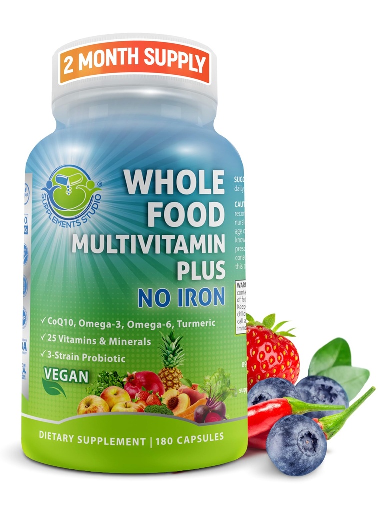 Vegan Whole Food Daily Multivitamine Bez żelaza, Metylowany Multivitamin dla kobiet i mężczyzn, Made with Fruits & Vegetables, B- Complex, Probiotics, Enzymy, CoQ10, Omegas, Turmeric, Non-GMO, 180 Count