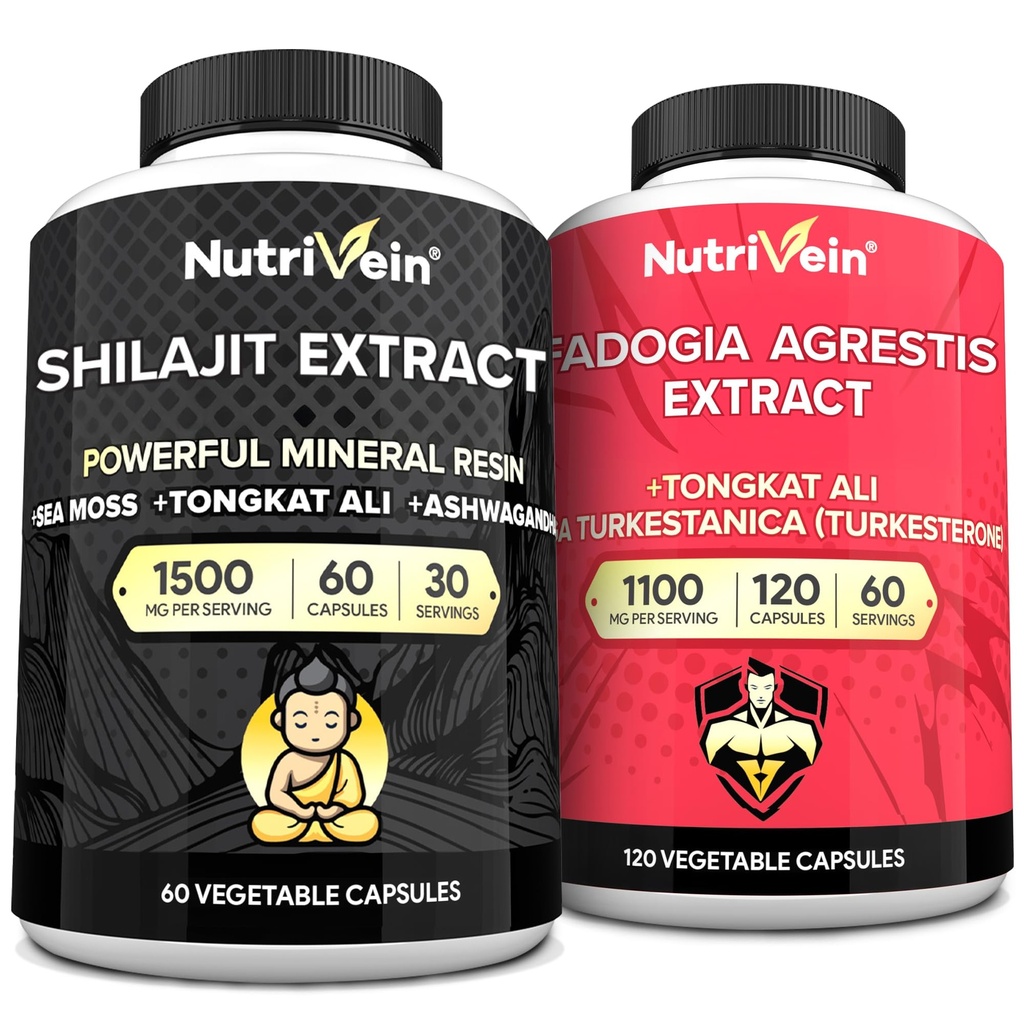Żywotna żyłka Premium Kapsułki Shilajit i Fadogia Agrestis Supplement Bundle: potężny Shilajit dla kobiet i mężczyzn + Fadogia Agrestis z suplementem Tongkat Ali do performance, Endurance, & Vitality