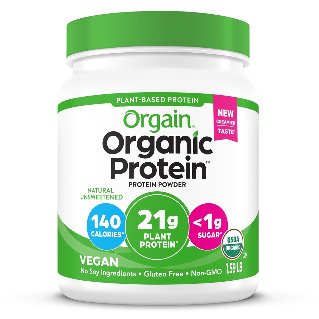 Orgain Organic Vegan Protein Powder, Natural Unsweetened - 21g białka roślin, 4g włókno prebiotyczne, niskonetto węglowodory, brak składników laktozy, Nie dodano cukru, Nie-GMO, Dla shakes & Smoothies, 1,59 l