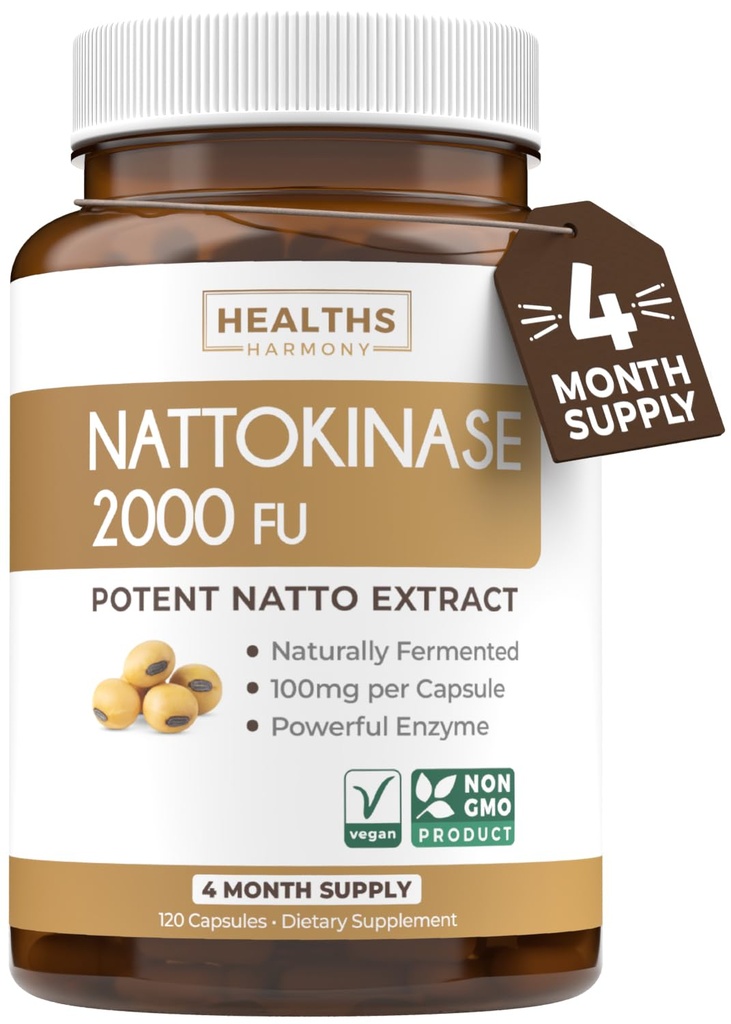 Healths Harmony Nattokinase 2000 FU (Non-GMO) Potężny suplement Nattokinase Made from Natural Fermented Soybeans - (4 Month Supply) 120 Vegan Natto kapsułki