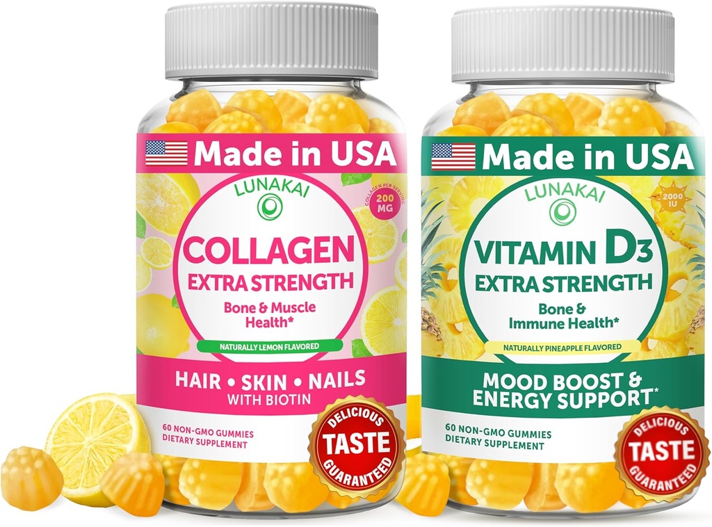 Lunakai Collagen i witamina D3 Gummies Bundle - Non-GMO Anti Anti Aging Supplements for Men & Women - Odporność, kości i nastrojów Gummy dla dorosłych - 30 Days Supply