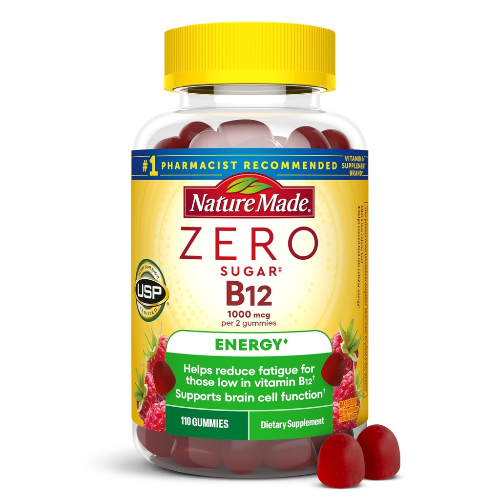 Nature Made Zero Sugar Energy Witamina B12 Gummies 1000 µg na serwowanie, B12 witaminy, Wsparcie metabolizmu energii, Aspartam wolny, 110 Gummies bez cukru, 55 Day Supply