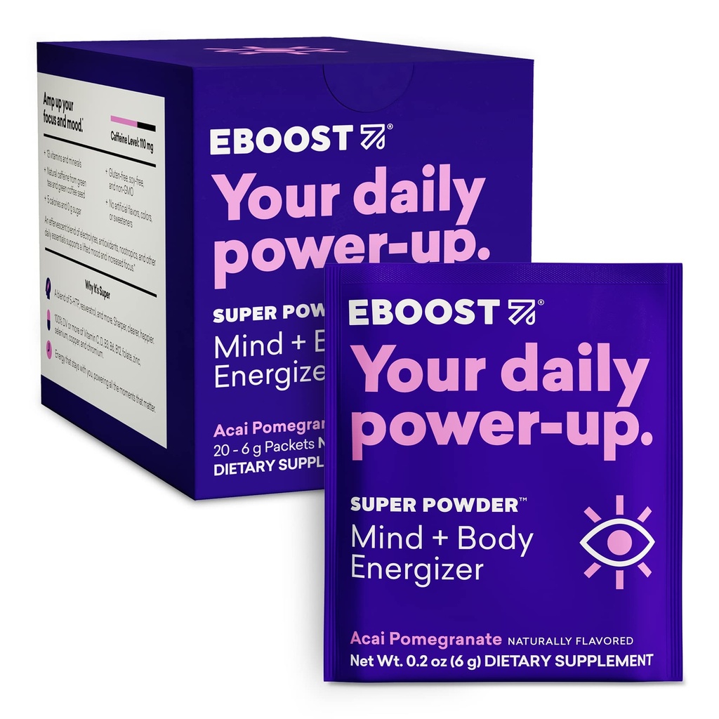 EBOOST Super Energy Powder Drink Mix, Non-GMO Suplement Electrolyte zaopatrzony w witaminy (Pomegranat Acai), 0,2 unce (Opakowanie po 20)