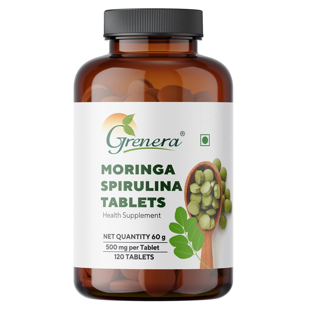 Grenera Moringa Spirulina Tablet-120 Tablets | Made with Pure Moringa and Spirulina Powder | Natural super food | Non-GMO, Gluten free