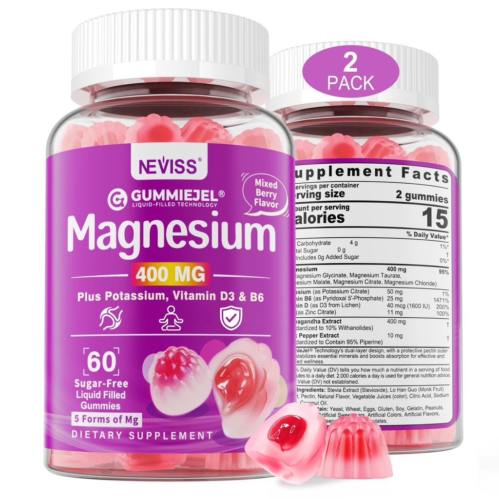 Gummies magnezowy wolny od cukru 400mg do 124; 5- in-1 Kompleks Magnezu: glicynian, cytrat, jabłczan, chlorek i taurat do 124; z Ashwagandha, witamina D3 i cynk do 124; Spokój, nastroj i energia do wsparcia 124; Wegan, 2- Pack