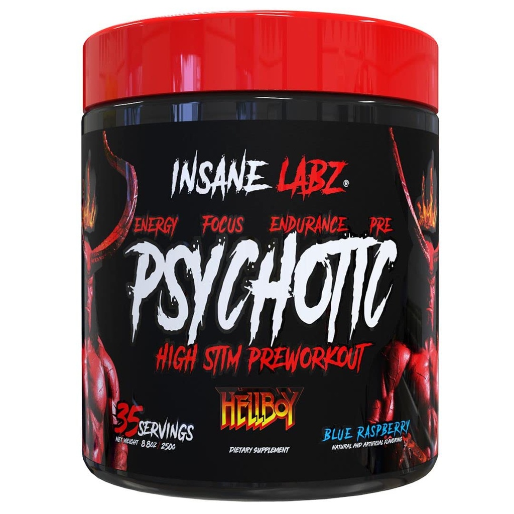 Szalony Labz Hellboy Edition, High Stimulant Pre Workout Powder i NO Booster z Beta Alanine, L Citruline i Kofeina, Boosts Focus, Energia, Endurance, Nitric Oxide Levels, 35 Srvgs, Blue Rasp