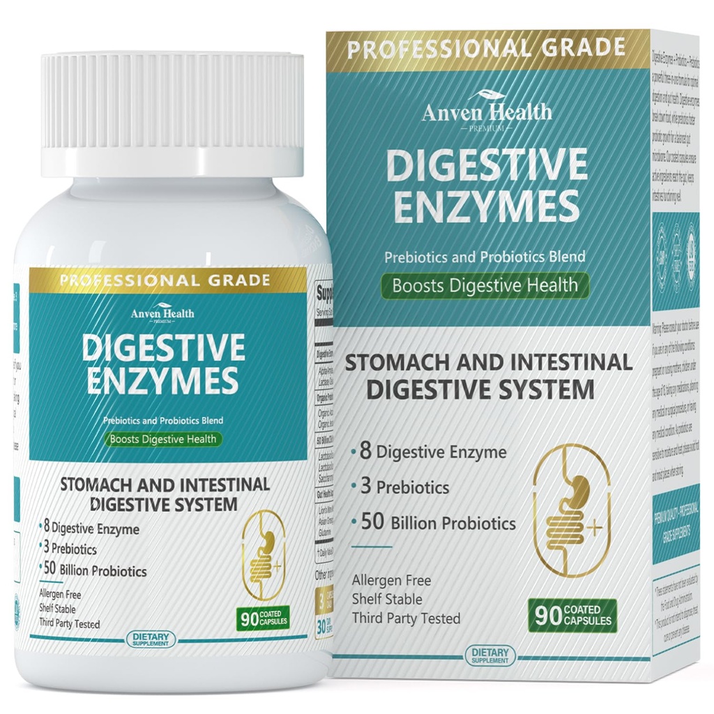 800mg enzymów pokarmowych dla mężczyzn i kobiet z probiotykami i prebiotykami organicznymi, 8 kluczowych enzymów, proteazy, amylazy i lipazy do rozkwitania, ulgi gazowej, nieGMO 124; 90 Kapsułki