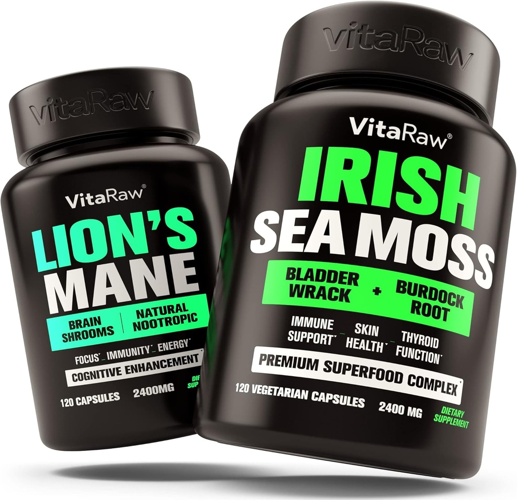 Lions Mane Mushroom + Irish Sea Moss - Mózg Booster Pamięć & Energia + Wsparcie immunologiczne, Joint & Thyroid i Gut Zdrowie