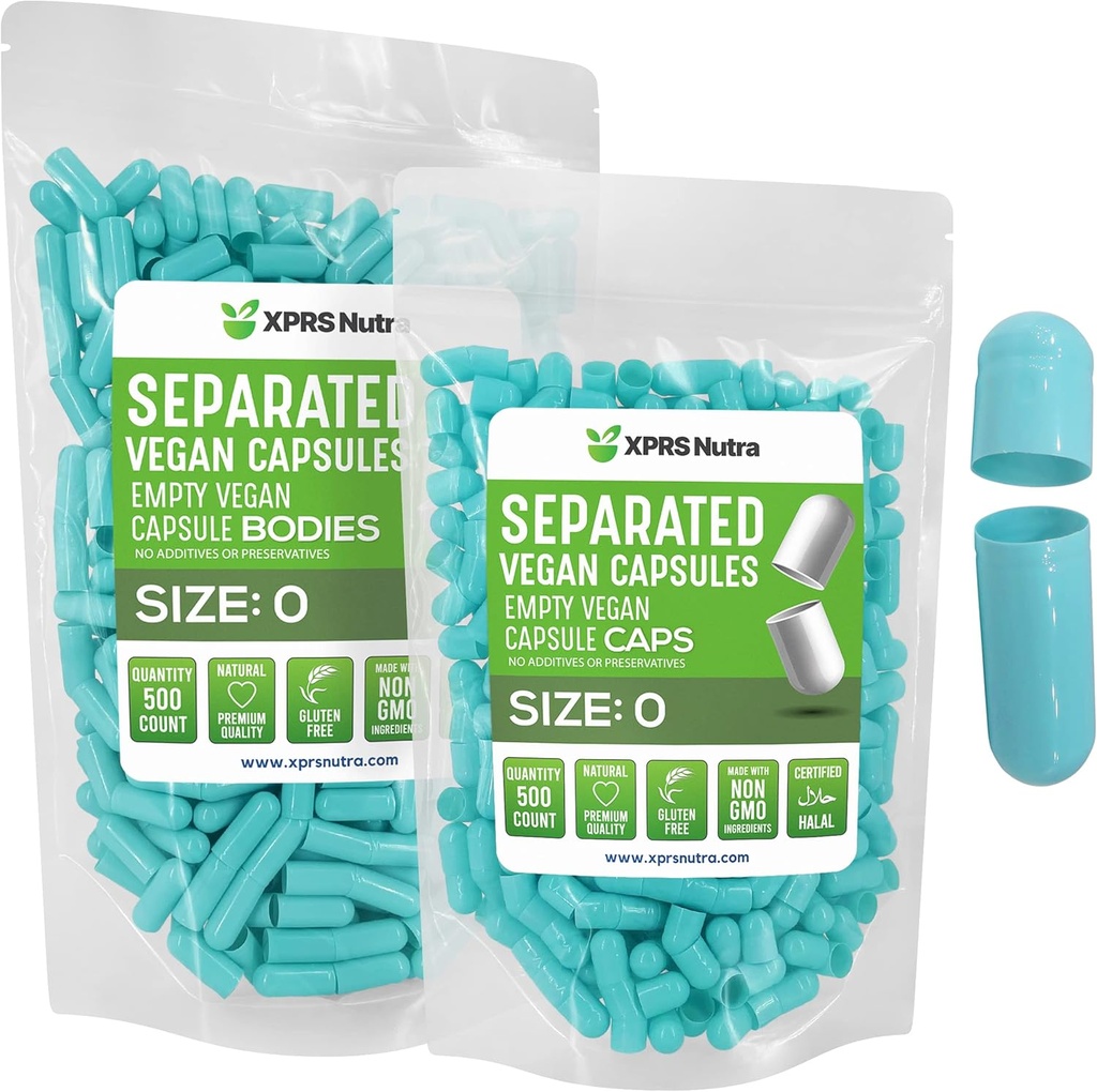 XPRS Nutra Vegan Rozmiar 0 Kapsułki oddzielone - 500 Hrabia Premium Kapsułki puste Separowane w Torbach - Tabletki 0 Puste do napełniania suplementu DIY (Aqua)