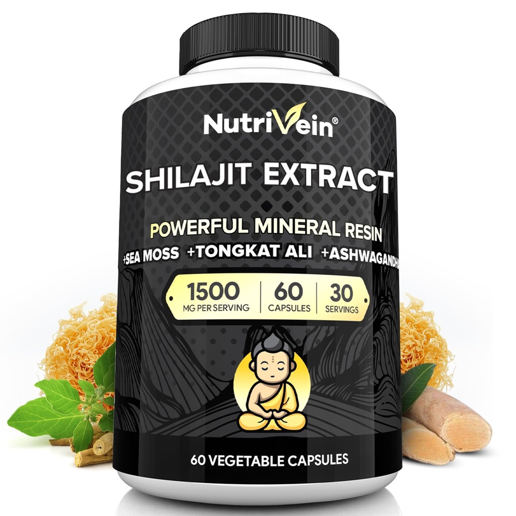 Żywienie Premium Pure Himalayan Shilajit dla mężczyzn i kobiet - 1500 mg - 60 Capsules- Potężny ekstrakt żywicy zmieszany z irlandzkim Moss Sea, Tongkat Ali, & Ashwagandha - Vitality, Clarity, & Performance