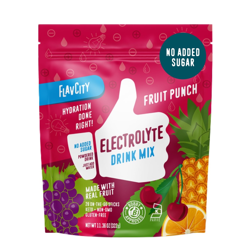 FlavCity Fruit Punch Electrolytes Pakiety proszkowe - 28 Pakiety nawadniające - Nie dodano cukru - Proszek nawadniający z prawdziwymi owocami i nierafinowaną solą morską - Keto & Gluten- Free (28 Pakiety stick)