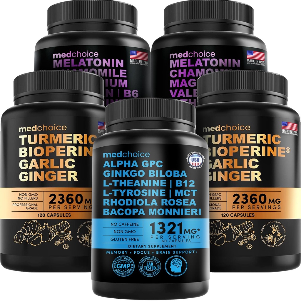 MEDCHOICE Turmeric & Ginger (240ct), Sen Melatonina (180ct) i Nootropic Brain (60ct) Suplement Bundle - Wellness Trio for Brain, Sleep, & Immune Support - Vegan, Non-GMO, Gluten- Free