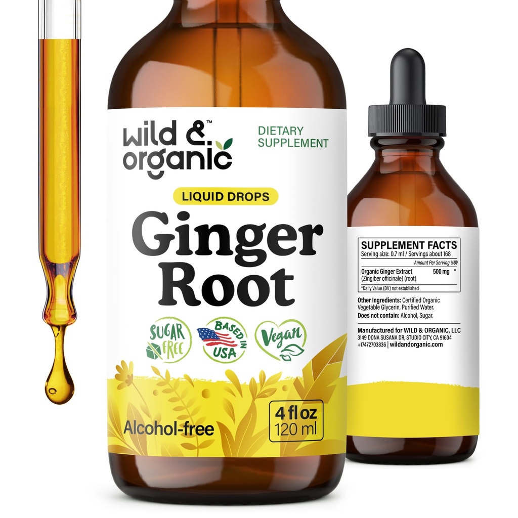 Wild & Organic Ginger Root Extract Drops - Immune & Digestive Support - Płynne suplementy Ginger - Wegan, Cukier & Alkohol Free Tincture - 4 fl oz
