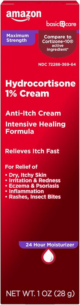 Basic Care Maximum Strength Anti- Itch Cream, Hydrokortyzon 1 Procent Intensive Healing Formula, Itch Relief for Bug Bites, Eczema, Łuszczyca, Poison Ivy, Oak i Sumac, 1 uncja (Opakowanie 1)