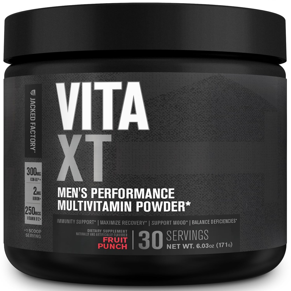 Jacked Factory Vita XT Performance Witamina Powder - Codzienne Multivitamin Powder for Men with KSM- 66 Ashwagandha, Prebiotic Fiber, Witamina A, C, D, K, B6, B12, & More - Fruit Punch, 30Sv