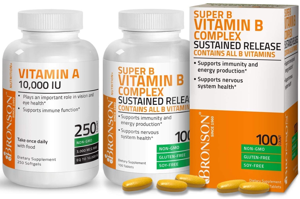 Bronson Super B Witamina B Kompleks Trwały Slow Release + Witamina A 10 000 IU Premium Formuła nie-GMO