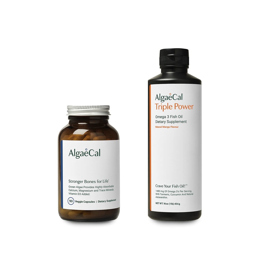 AlgaeCal Bundle - roślinny suplement wapnia z witaminą D3 dla zdrowia i siły kości i potrójne moc Omega-3 Olej rybny Naturalna emulsja cieczowa z EPA & DHA, Kurkumina, Astaksantyna