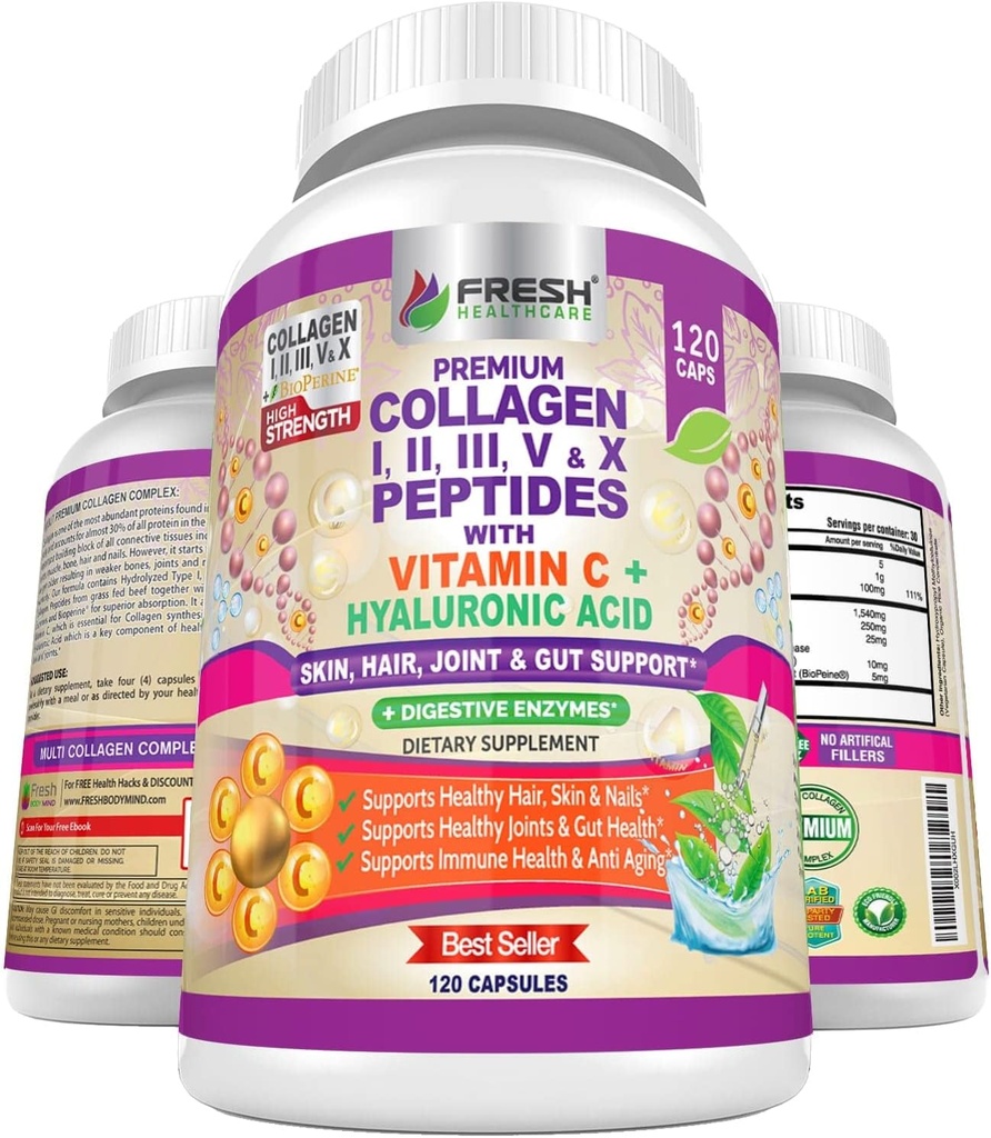 ŚWIEŻE PEPTYDY ZDROWIA Multi Collagen Pigułki typu I, II, III, V & X Peptydy z Witaminą C, Kwas hialuronowy - Wspiera zdrowe włosy, Skóra, paznokcie i łączniki - 120 Kapsułki koszerne