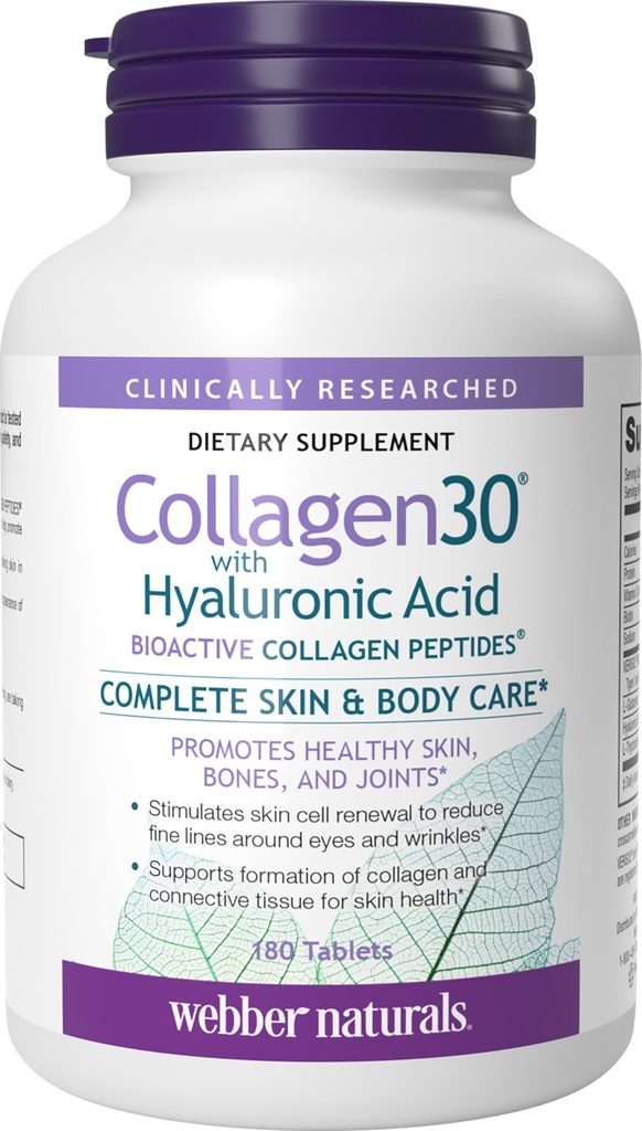 Webber Naturals Collagen30 z kwasem hialuronowym, bioaktywne peptydy kolagenowe, 180 tabletek, pomaga zmniejszyć zmarszczki oczu i Fine Facial Line, Nie GMO