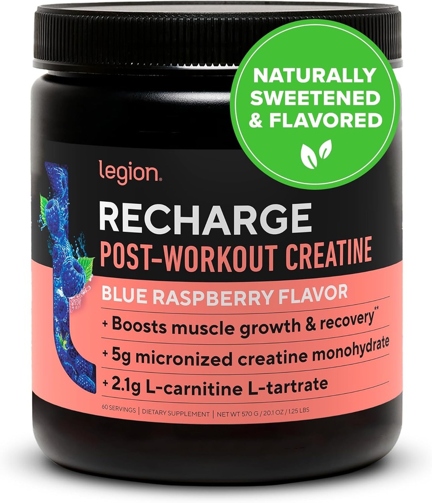 Legion Recharge Post Workout Supplement - All Natural Muscle Builder & Recovery Drink with Micronized Creature Monowodzian. Naturalnie słodzone i pachnące, bezpieczne i zdrowe. (Błękitna Malina, 60 Podawanie)