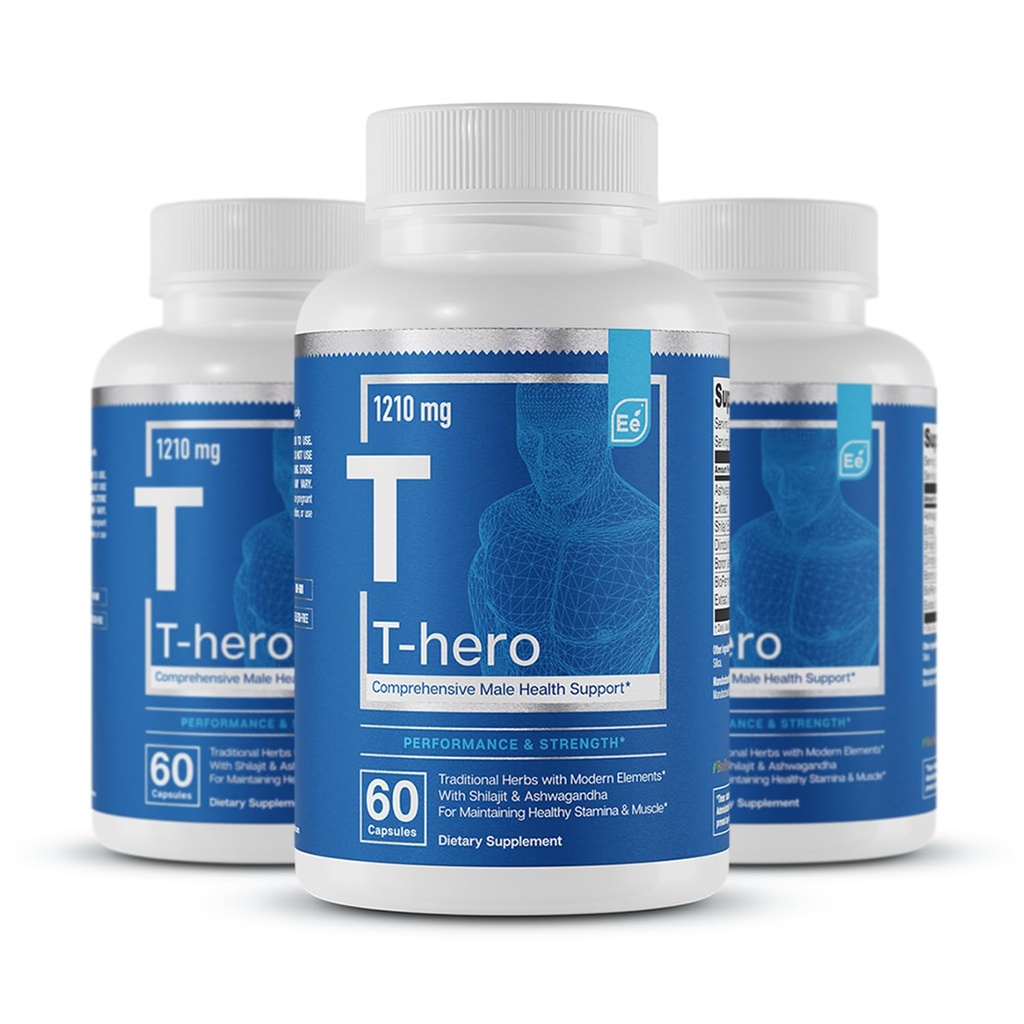 Podstawowe elementy suplement zdrowia męskiego - Wsparcie mięśni & T- Health z DIM, Ashwagandha, Shilajit, Więcej 124; T- Hero 60 Kapsułki wegańskie (3- Pack)