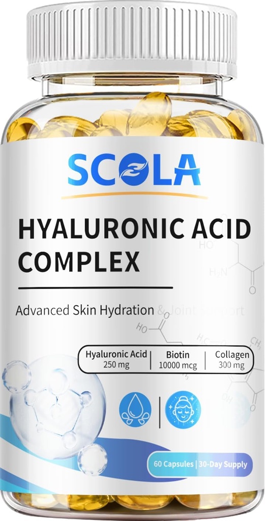 SCOLA Hyaluronic Acid Kapsułki - 250mg HA + 10,000mcg Biotin, 60 Kapsułek Wegańskich