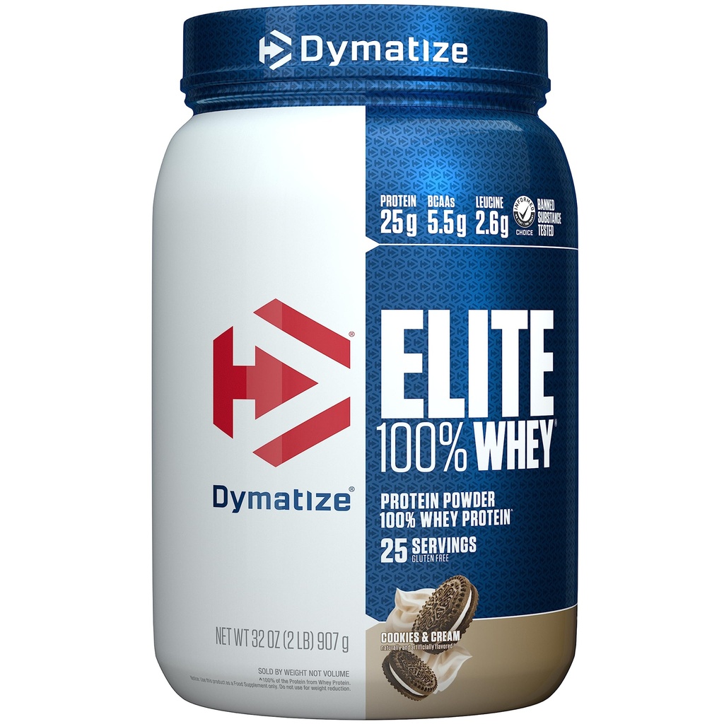 Dymatyzacja Elite 100% Proszek białka serwatki, Cookies & Cream, 25g białka, 5,5g BCAA, Mniej niż 140 Cal., Gluten Free, 3g Carb, 2g Cukier, 3g tłuszczu (25 Servings)