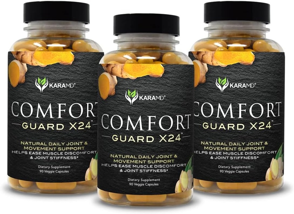 KaraMD Comfort Guard X24 XXX124; Joint & Movement Support Supplement XXX124; Kurkumina turmerowa, Boswellia & Ginger XXX124; Łatwa dyskomfort mięśni i sztywność stawów 124; Non-GMO, Gluten Free & Vegan Friendly (3 Pack)