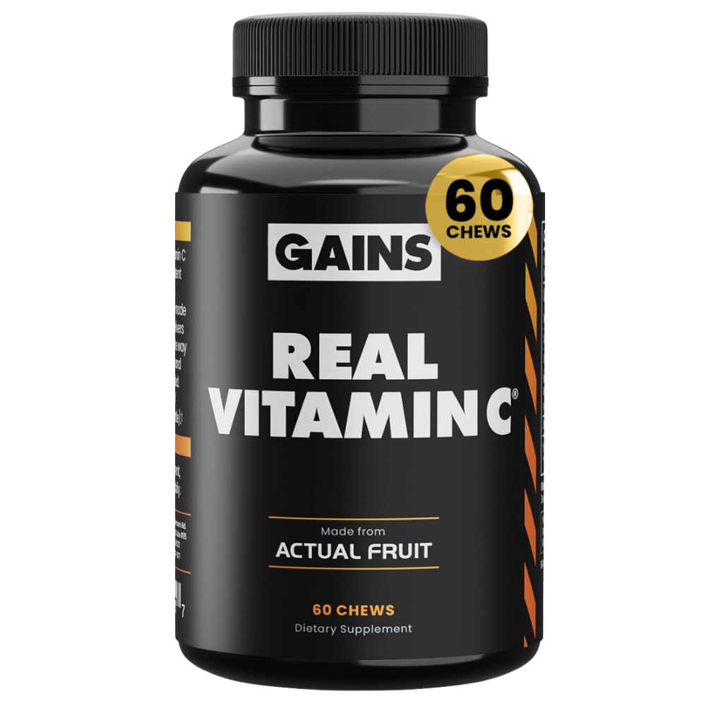 Zyski w luzem Real Witamina C, Immune Support Chewable, Naturalne witaminy z Citrus Bioflavonoids, Cały suplement witaminy C z źródeł roślinnych, Wegańskie suplementy dla kobiet i mężczyzn, 60 tabletek
