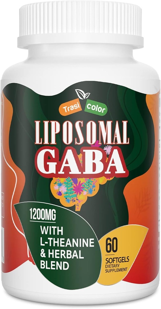 Liposomal GABA z suplementami L- Theanine 1200mg - Wysoka absorpcja GABA Complex z Ashwagandha, Rumianek, Tart Cherry Herbal Suplementy dla mężczyzn i kobiet, 60 Softgels