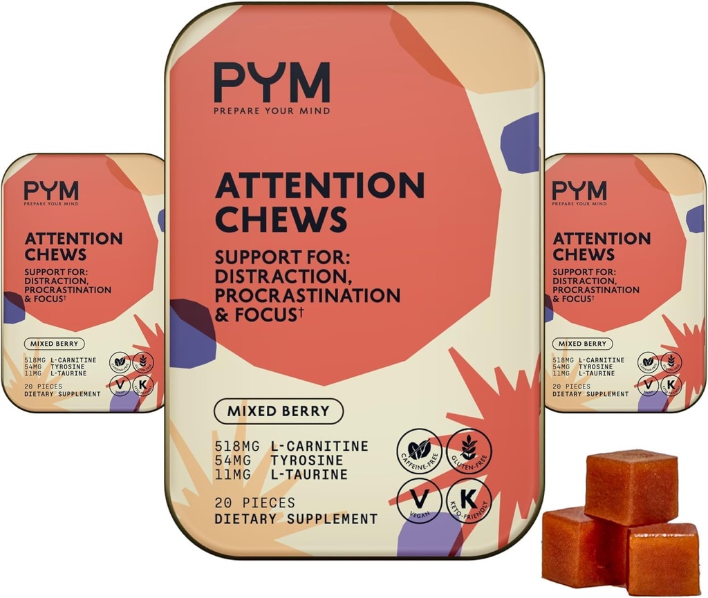 PYM Uwaga Żuje Wsparcie dla Procrastination, Focus & Productivity, 60 Hrabia 124; 518mg L- Carnitine, 54mg Tyrosine, 11mg L- Tauryna - Bez kawy 124; All- Natural Mood Boost Supplement Made in USA