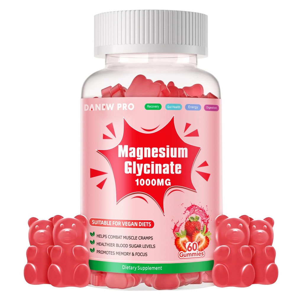 Glucynian magnezu Gummies 1000mg - Suplement potasu bez cukru Magnezu z witaminą D, B6, CoQ10 dla uspokojenia nastrojów i wsparcia snu - 60 gum truskawkowych