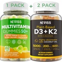 NEVISS 50 + Daily Gummy Multivitamin Algae Omega 3 & Wapń, CoQ10, Magnez + Witamina D3 5000IU Gummies 125mcg z wapniem 600mg, K2 (MK7) 200mcg