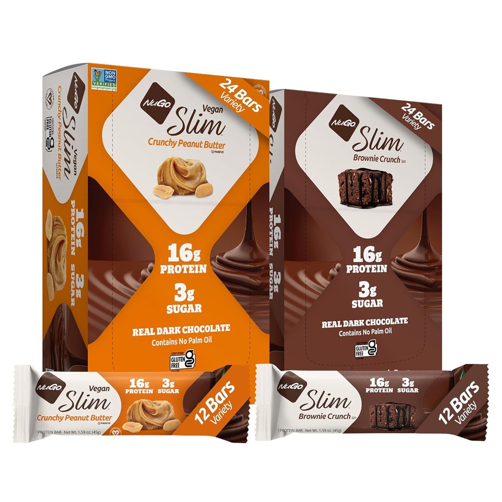NuGo Slim 24ct Variety - Chrupiące masło orzechowe 12 barów & Brownie Chrupiące 12 barów, 16 g białka, Keto Friendly, Gluten Free, 24 liczenie
