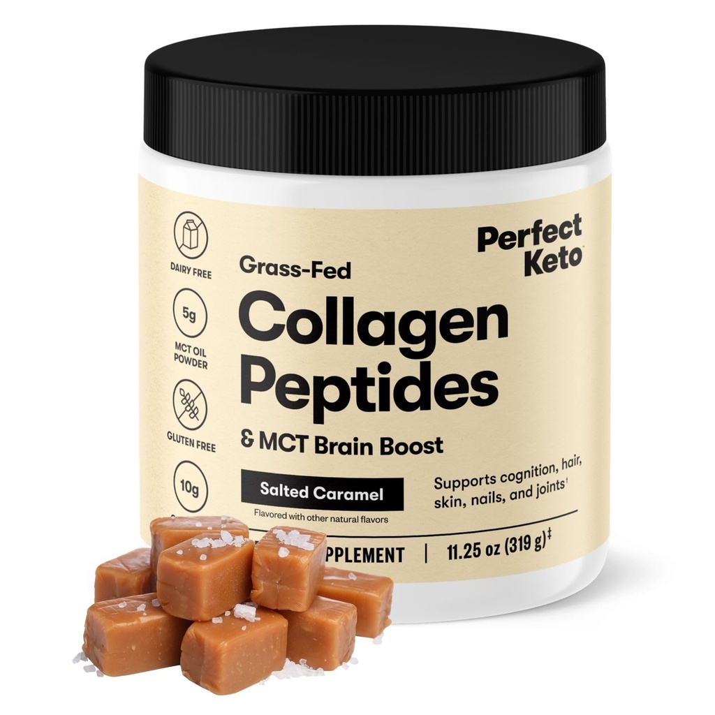 Perfect Keto Collagen Peptydes Protein Powder z MCT Oil, Zhydrolizowany Kolagen, Typ I & III Suplement, Gluten Free Grass Fed, Niski Carb, Keto Coffee Creamer, Kolagen dla kobiet i mężczyzn, Sól karmel