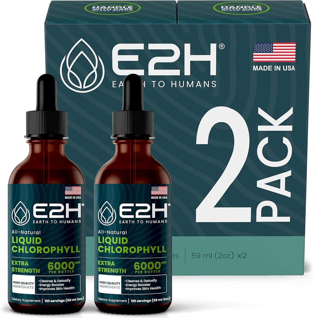 E2H Chlorofil ciecz krople - Energy Booster, trawienie, Wsparcie systemu immunologicznego i Deodorant wewnętrzny - Wegan - Gluten Free - Non-GMO - (2 butelki)
